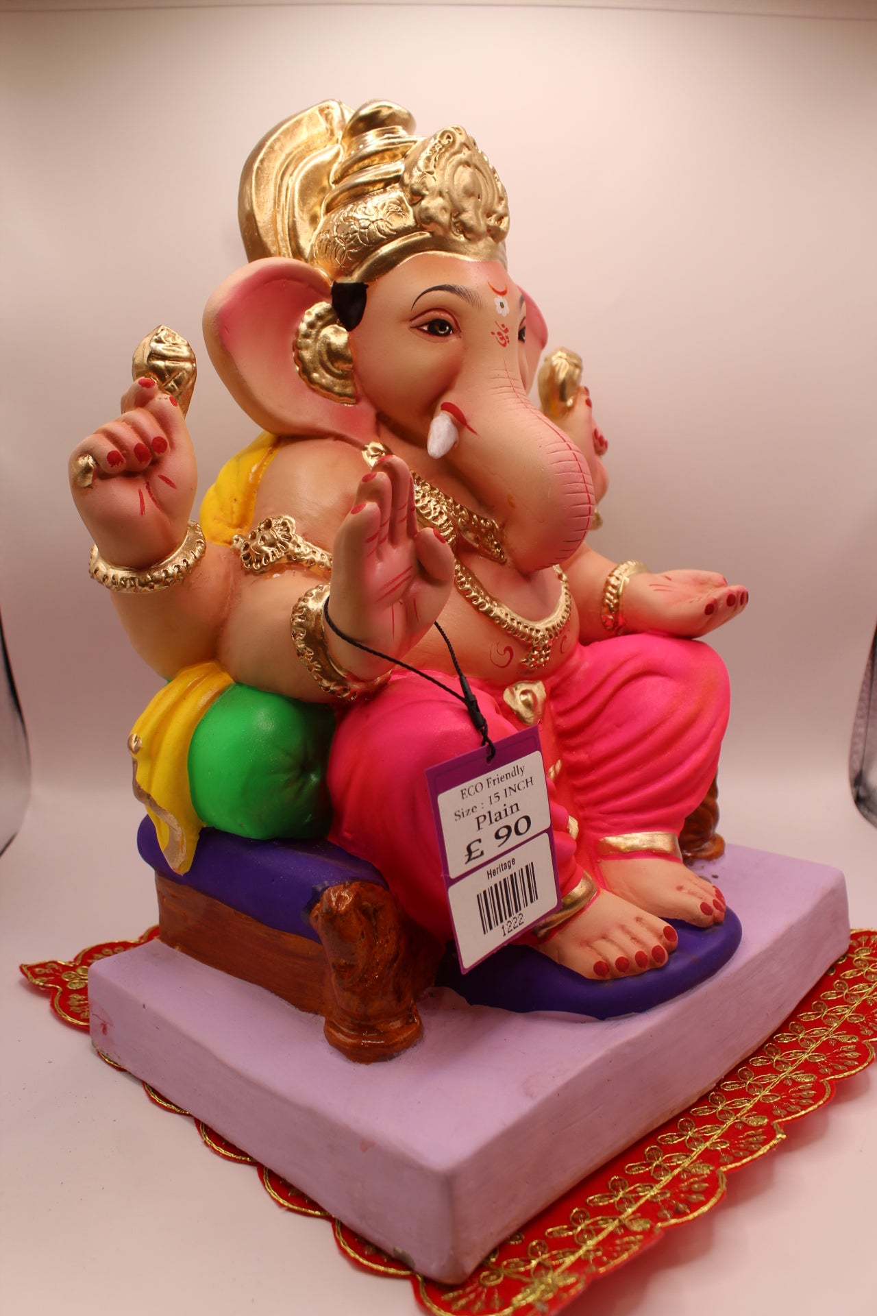 Eco-Friendly Ganesh Visarjan idol, Yellow Khes & Pink Dhoti, Purple Gadi & Twin Bolsters, side view
