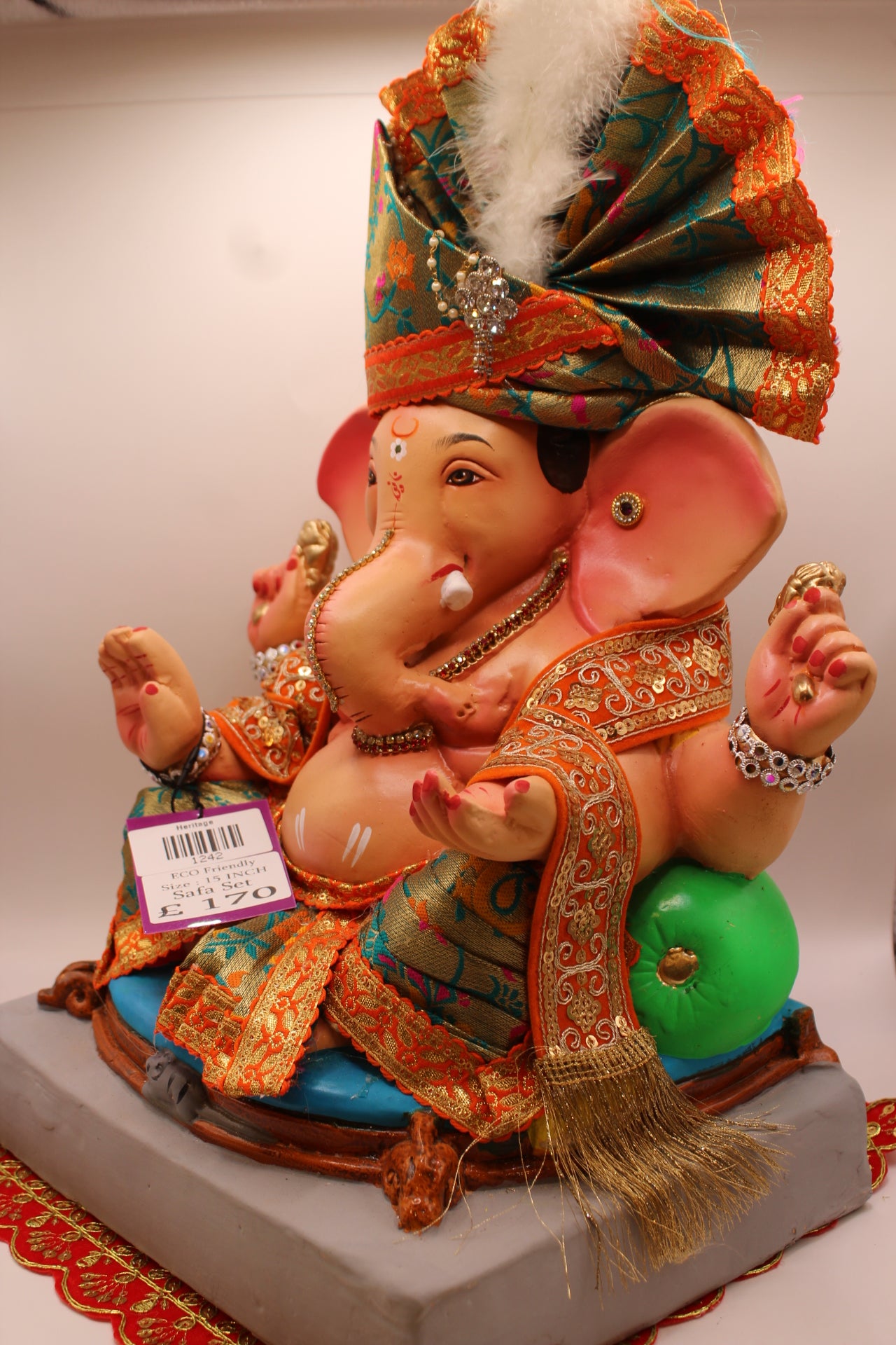 Eco-Friendly Ganesh Visarjan idol, Full Safa Set Olive Gold Paithani & Orange Velvet, close-up