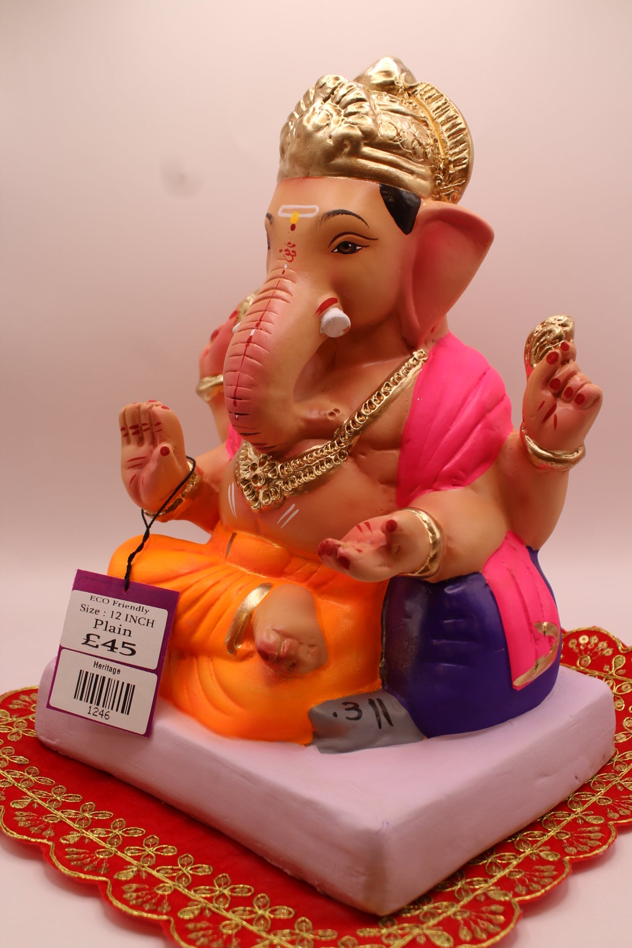 Eco-Friendly Ganesh Visarjan idol, Pink Khes & Orange Dhoti, Purple Bolster, front view 2