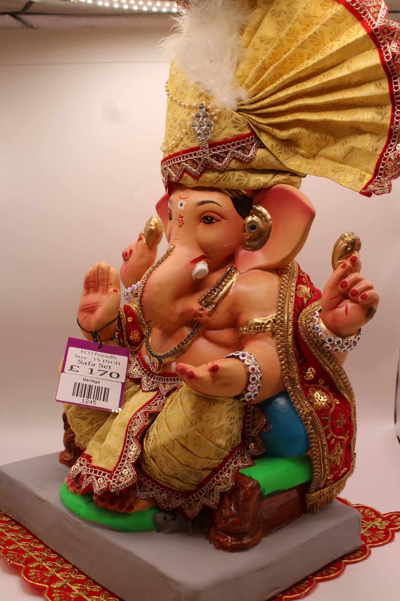 Eco-Friendly Ganesh Visarjan idol, Full Safa Set Cream Brocade & Red Velvet, close-up