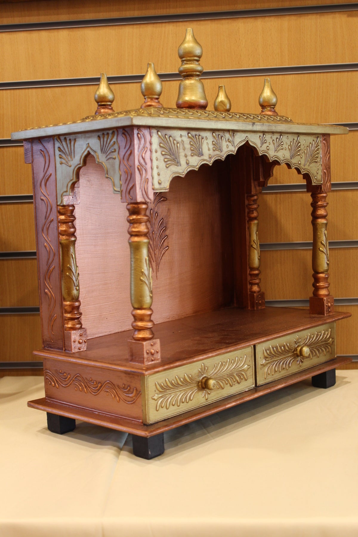 Open Front Jaipuri Mandir in golden bronze, angled side view