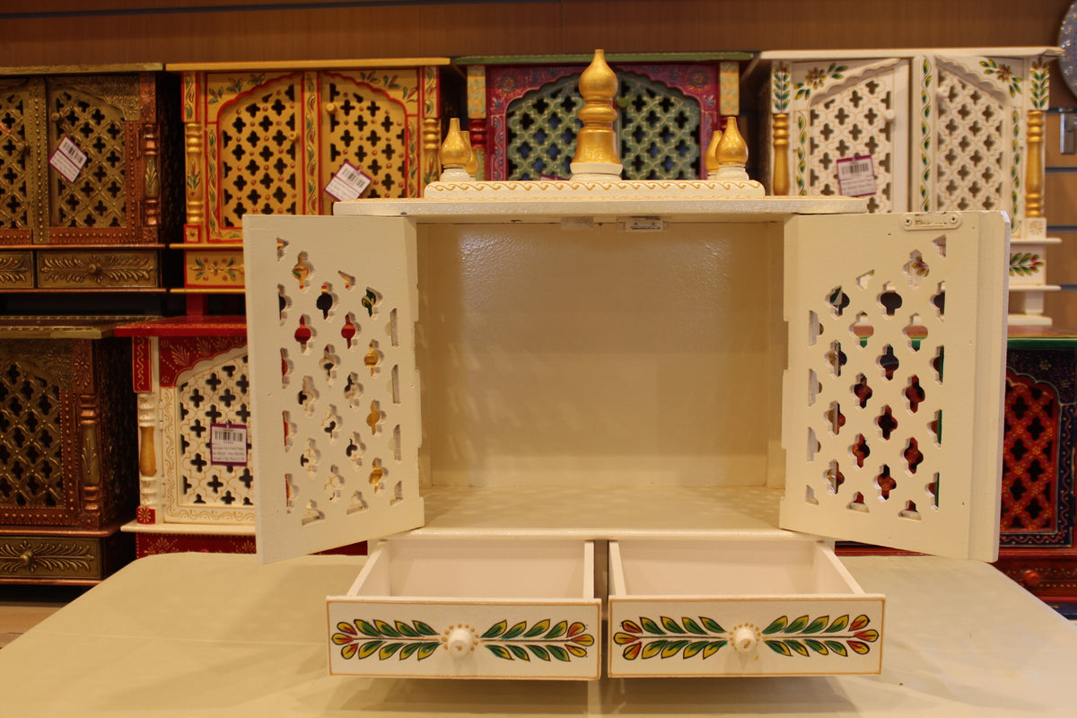 Jaipuri Mandir with Doors in white, green leaf art, doors and drawers open