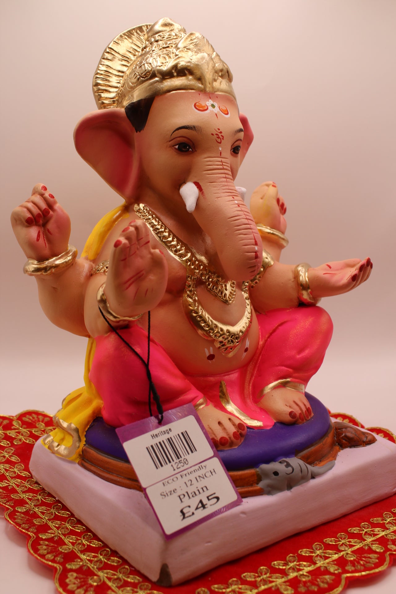 Eco-Friendly Ganesh Visarjan idol, Yellow Khes & Hot Pink Dhoti, Purple Throne Seat, close-up