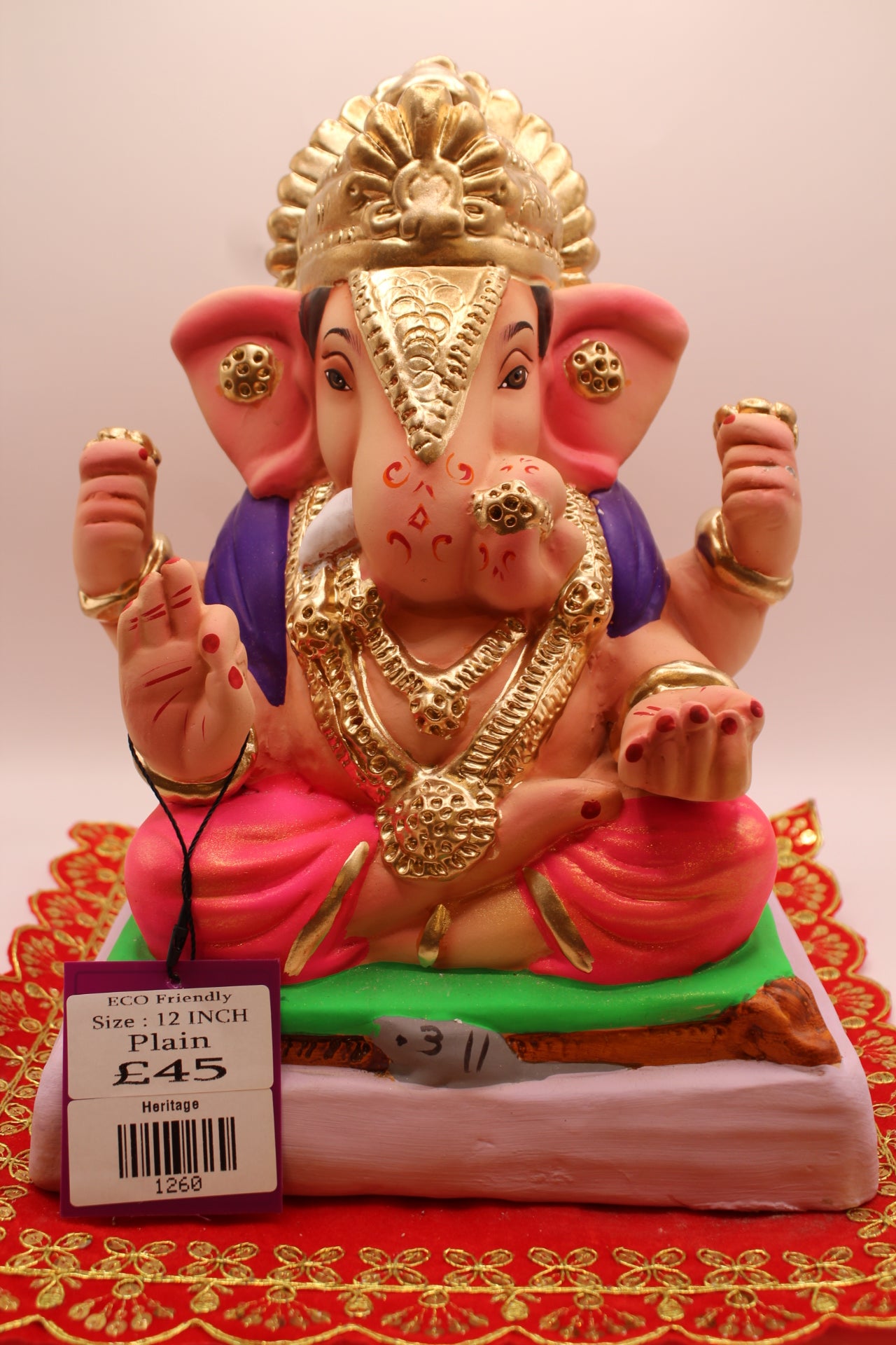 Eco-Friendly Ganesh Visarjan idol, Pink Dhoti & Purple Khes, Gold Fan Mukut, front view