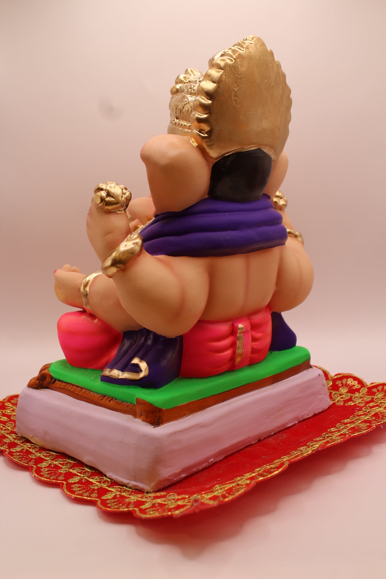 Eco-Friendly Ganesh Visarjan idol, Pink Dhoti & Purple Khes, Gold Fan Mukut, back view