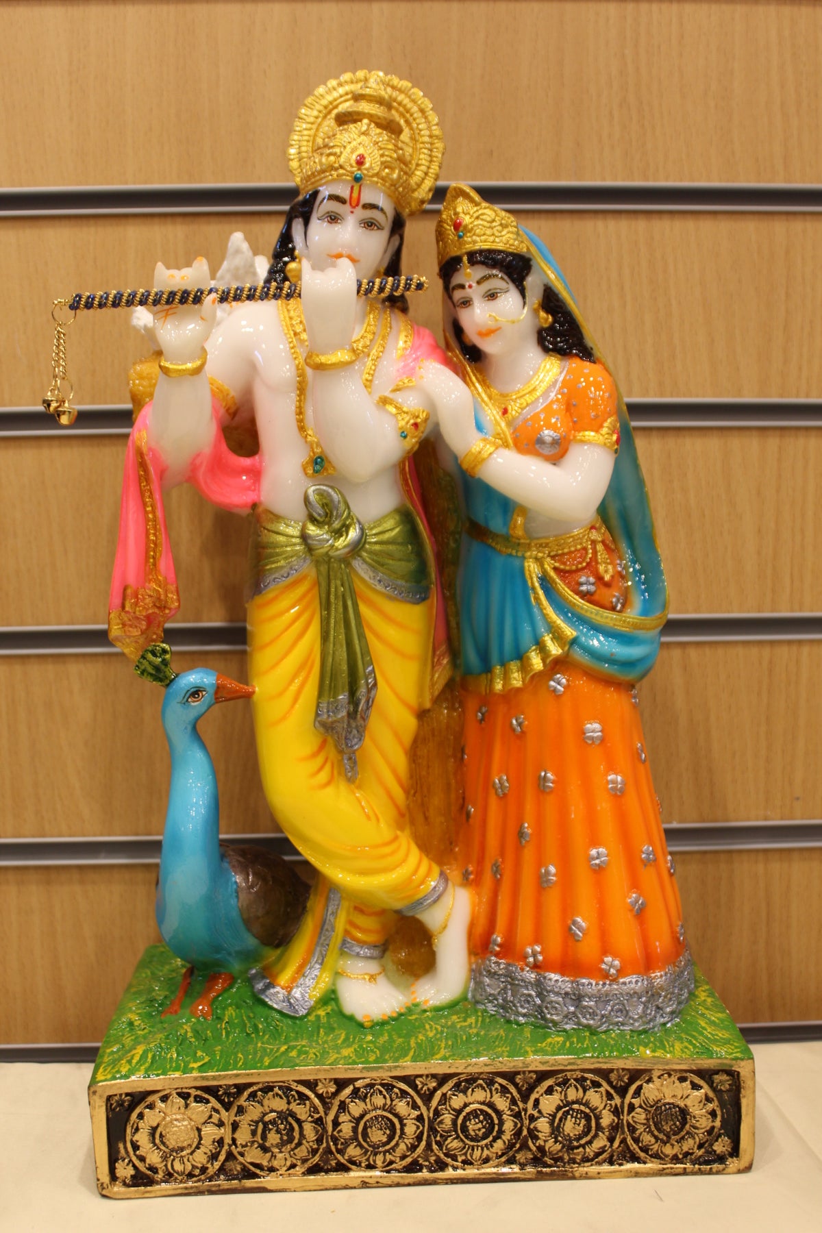 Resin/Fibre Radha Krishna Statue for Home Temple – Under the Tree with Peacock, 17 inch – front view