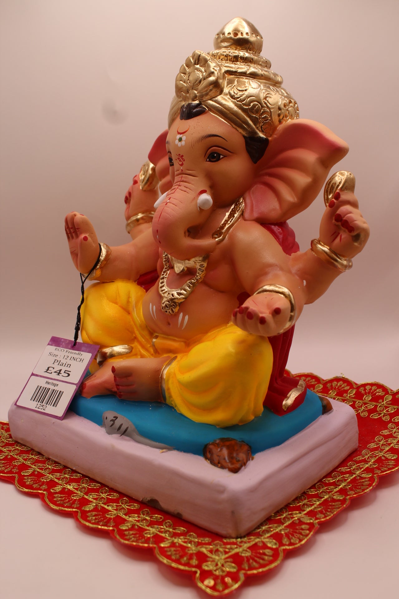 Eco-Friendly Ganesh Visarjan idol, Red Khes & Yellow Dhoti, Tall Gold Mukut, side view
