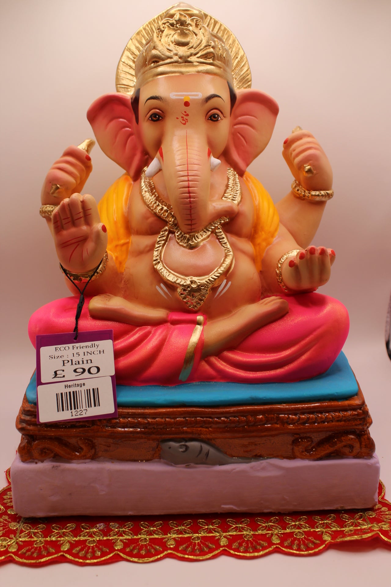 Eco-Friendly Ganesh Visarjan idol, Saffron Khes & Pink Dhoti, Turquoise Seat, front view