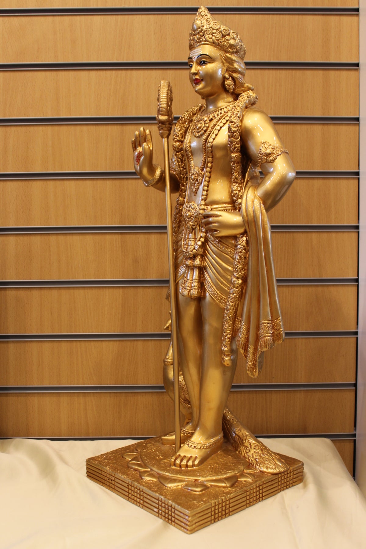 Resin/Fibre Murugan Statue for Home Temple – Standing with Vel and Peacock, 29 inch – Gold – right side view