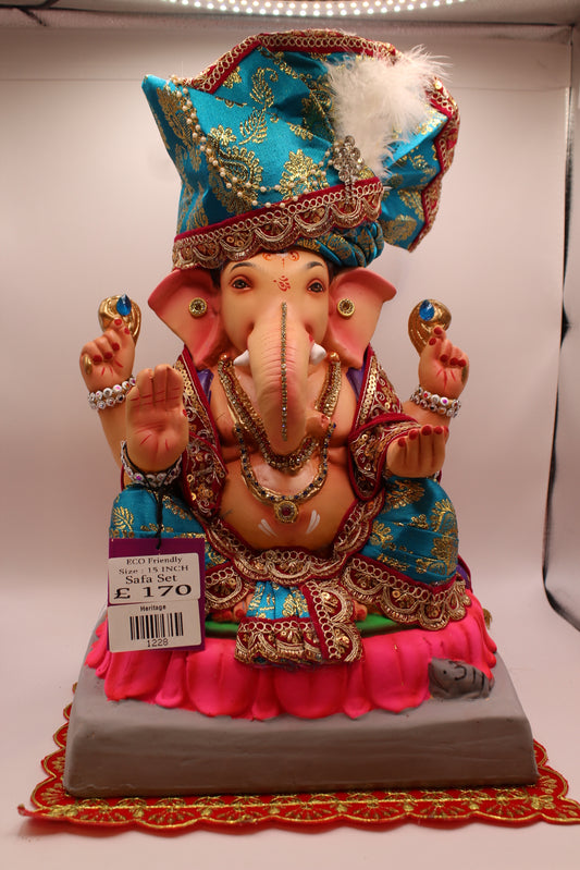 Eco-Friendly Ganesh Visarjan idol, Full Safa Set Teal Brocade & Wine Velvet, front view
