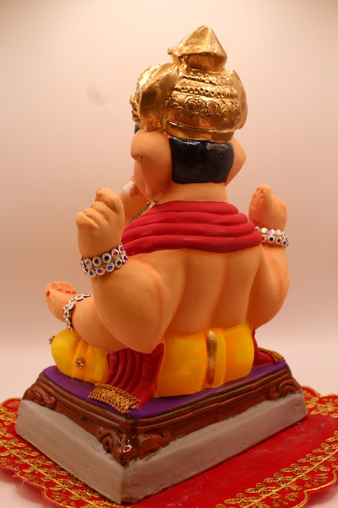 Eco-Friendly Ganesh Visarjan idol, Jewellery Style Red Khes & Yellow Dhoti, back view
