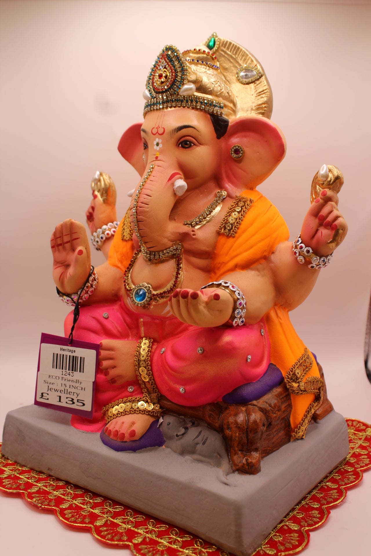 Eco-Friendly Ganesh Visarjan idol, Jewellery Style Orange Khes & Pink Dhoti, Kalash Mukut, close-up