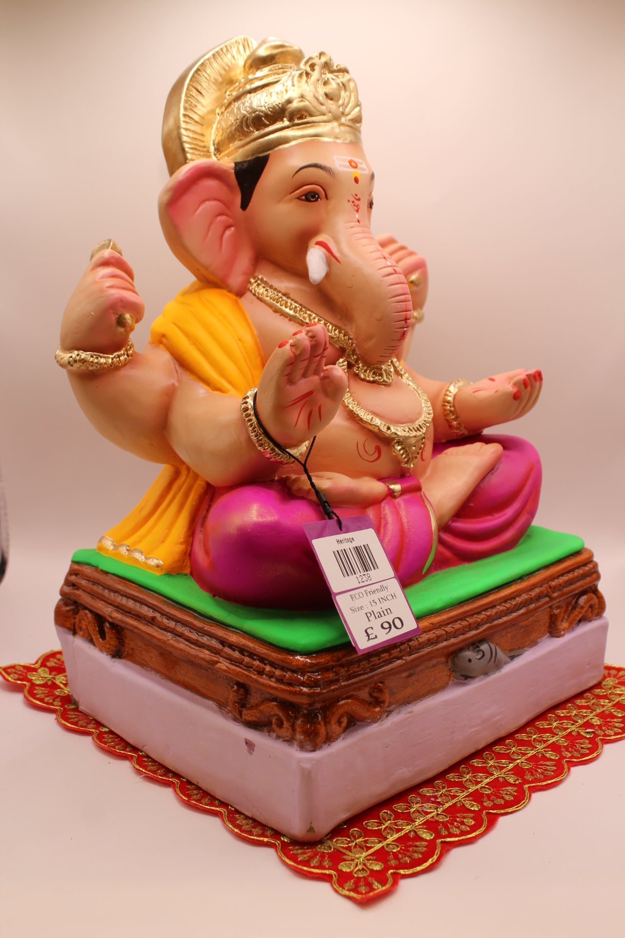 Eco-Friendly Ganesh Visarjan idol, Yellow Khes & Pink Dhoti, Gold Halo Mukut, side view
