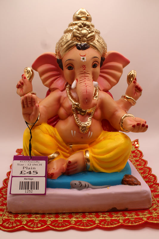 Eco-Friendly Ganesh Visarjan idol, Red Khes & Yellow Dhoti, Tall Gold Mukut, front view