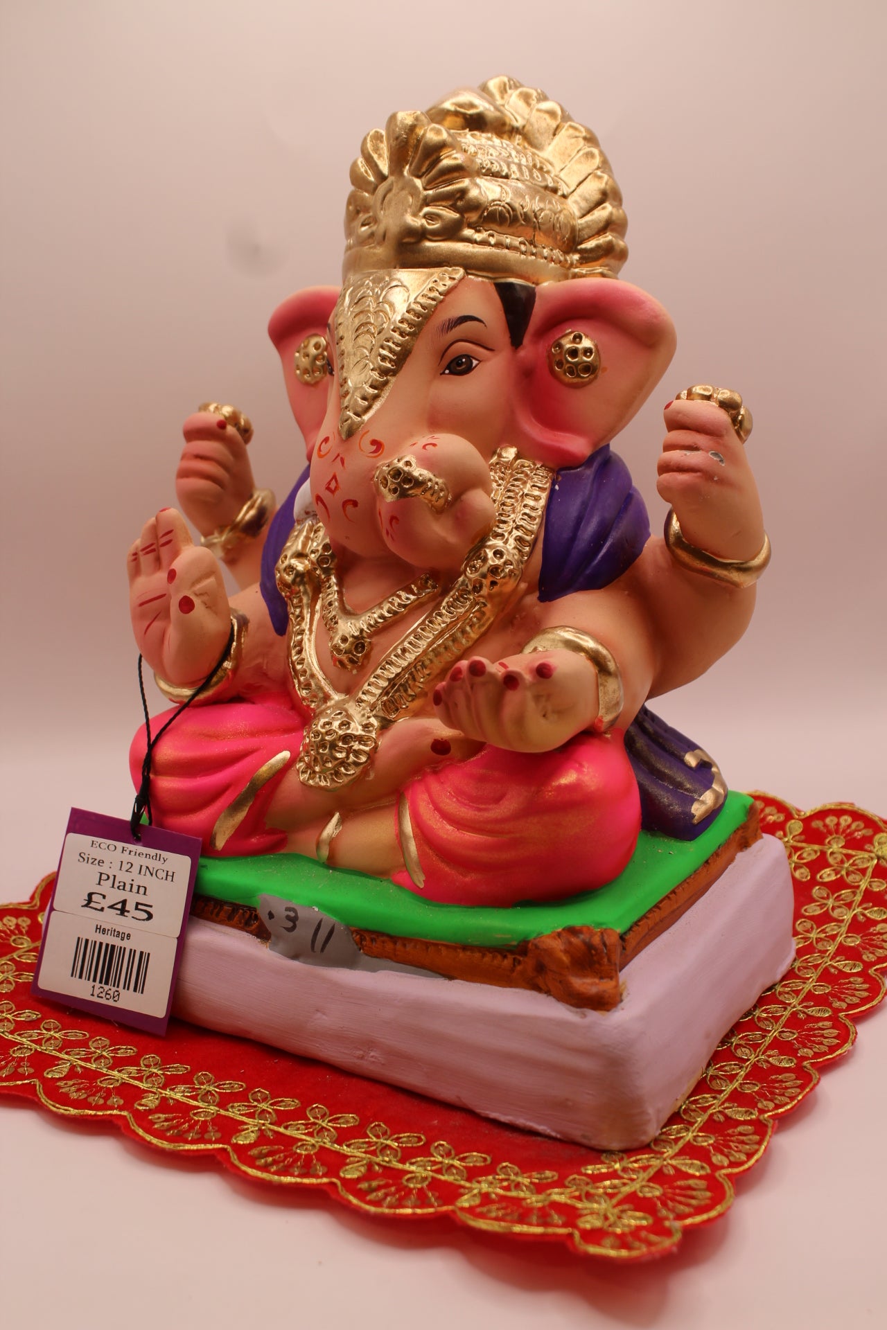 Eco-Friendly Ganesh Visarjan idol, Pink Dhoti & Purple Khes, Gold Fan Mukut, side view