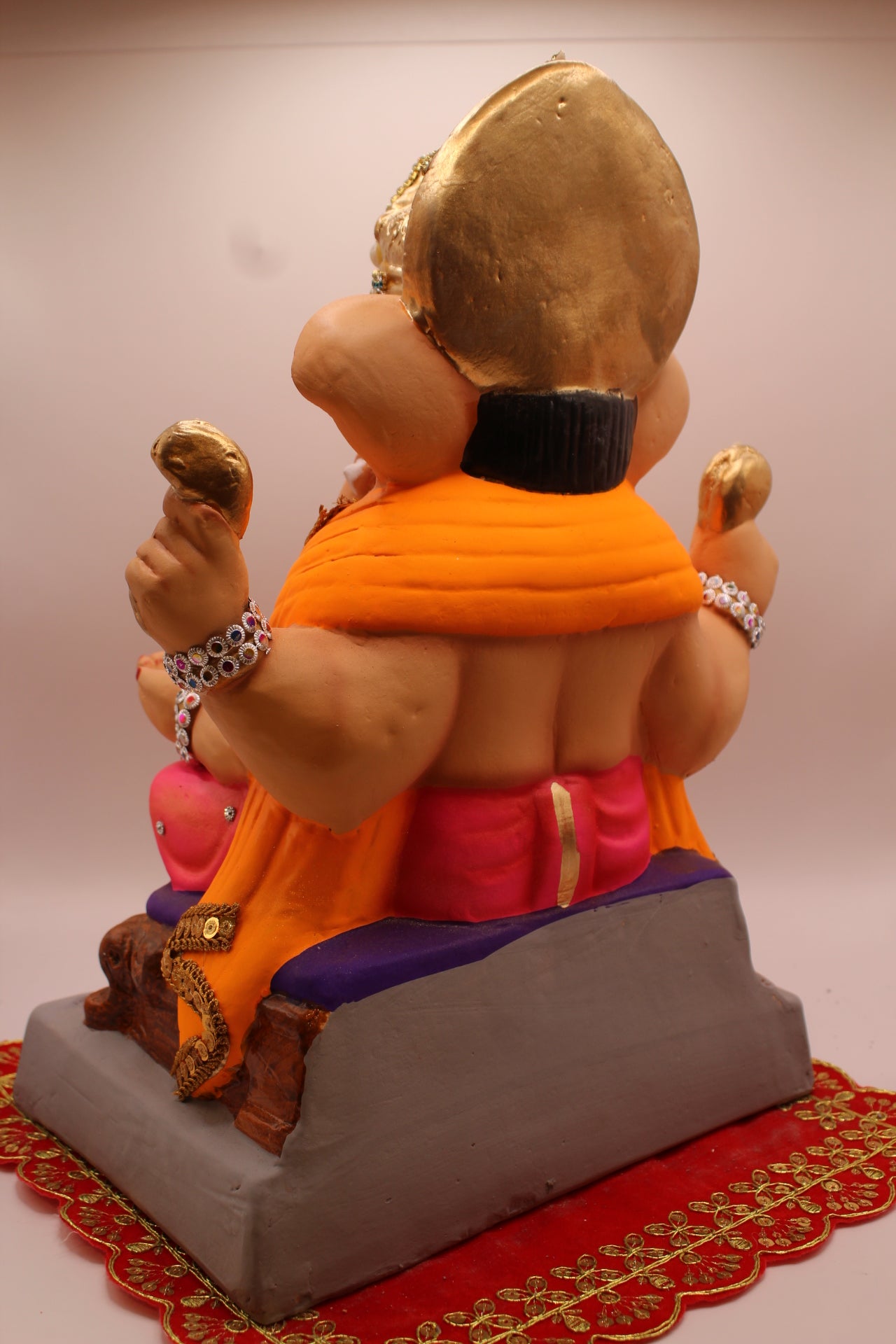 Eco-Friendly Ganesh Visarjan idol, Jewellery Style Orange Khes & Pink Dhoti, Kalash Mukut, back view