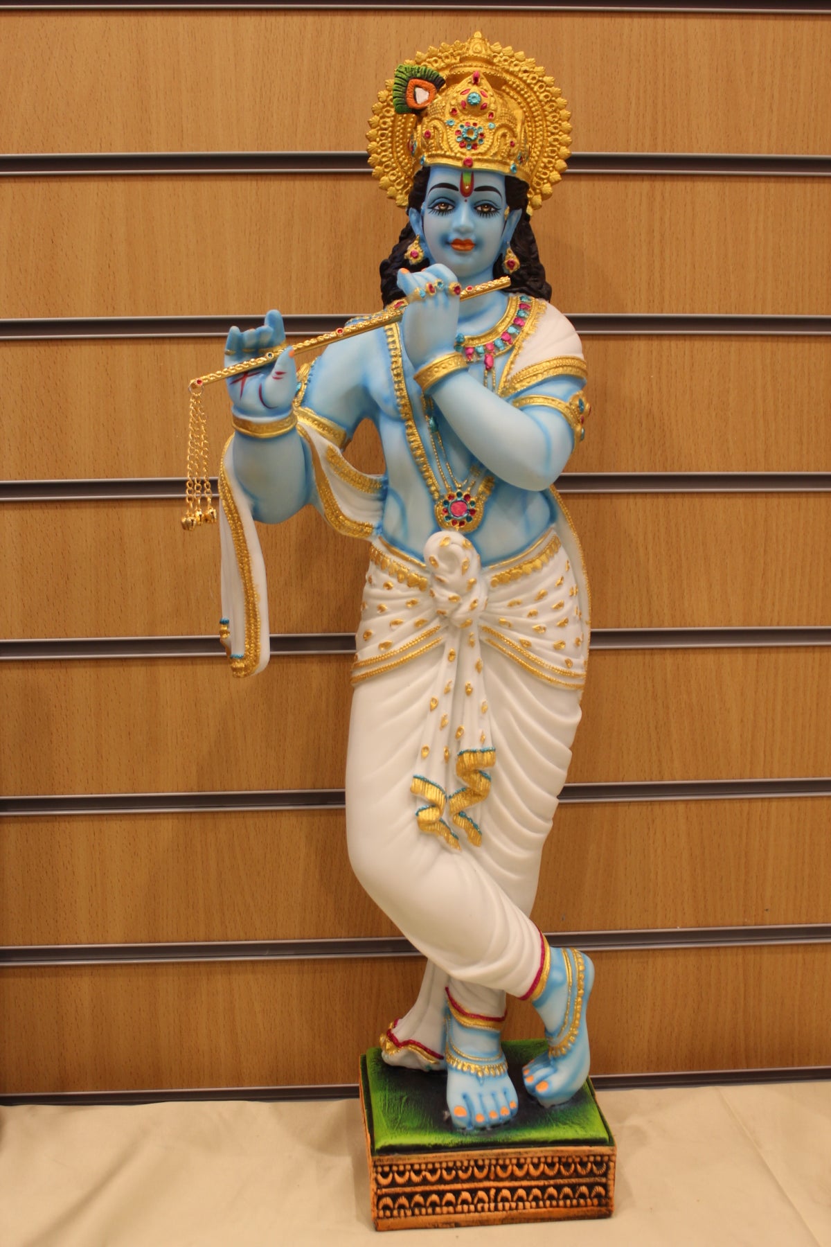 Resin/Fibre Krishna Statue for Home Temple – Playing Flute, 25 inch – Blue Krishna, White Dhoti – front view