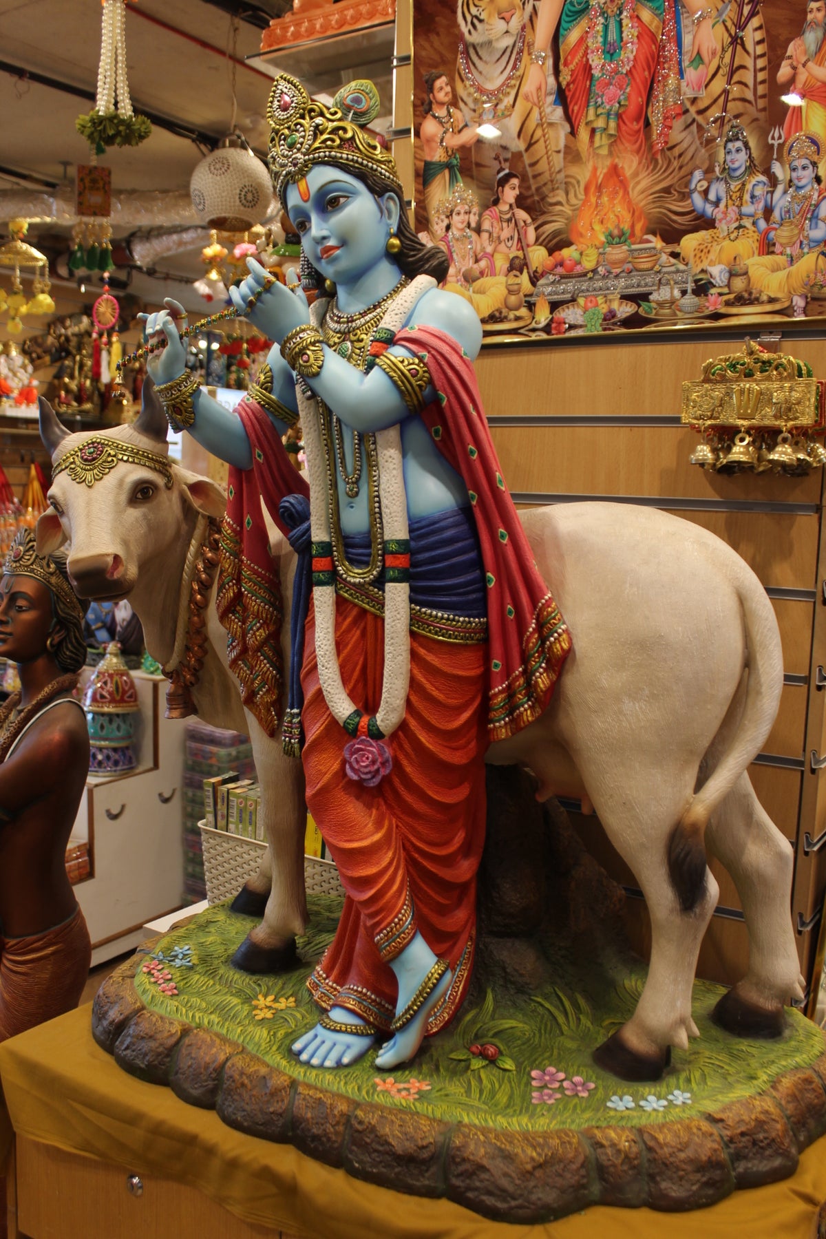 Resin/Fibre Krishna with Cow Statue – Large Painted Showpiece, 43 inch – other side view