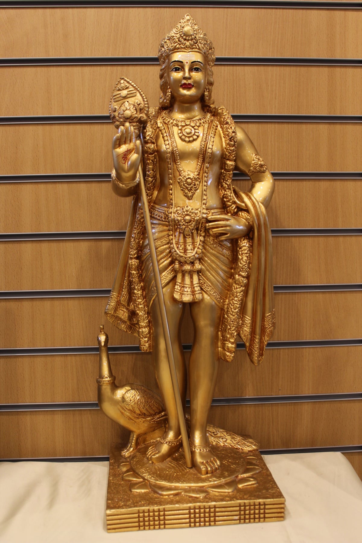 Resin/Fibre Murugan Statue for Home Temple – Standing with Vel and Peacock, 29 inch – Gold – front view