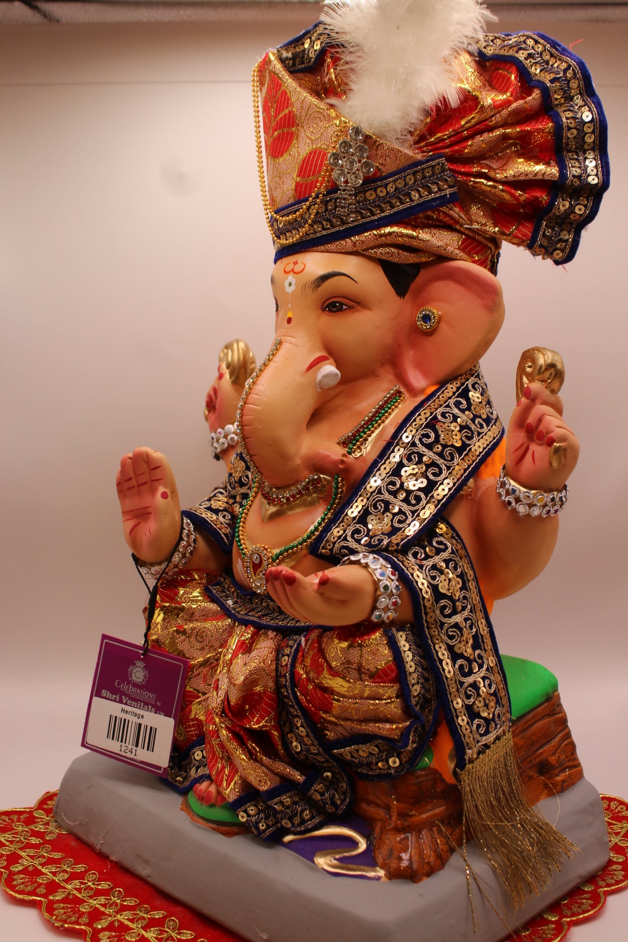 Eco-Friendly Ganesh Visarjan idol, Full Safa Set Royal Blue Velvet & Red Brocade, close-up