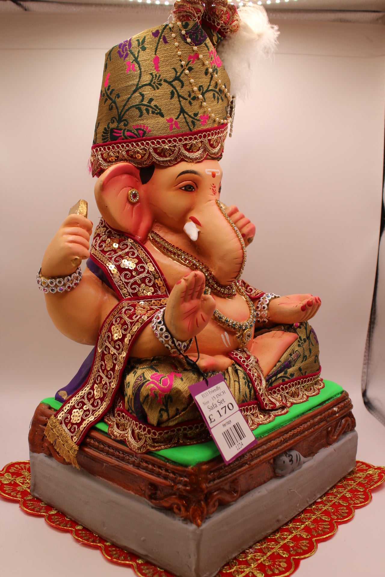 Eco-Friendly Ganesh Visarjan idol, Full Safa Set Antique Gold Paithani & Maroon, close-up