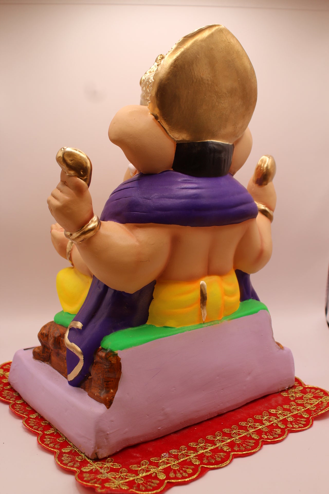 Eco-Friendly Ganesh Visarjan idol, Purple Khes & Yellow Dhoti, Rock Seat, back view