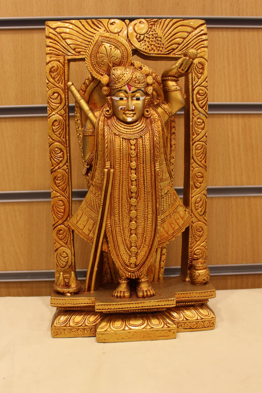Resin Shreenathji Statue – In Carved Frame, Gold, 11.5 inch – front view
