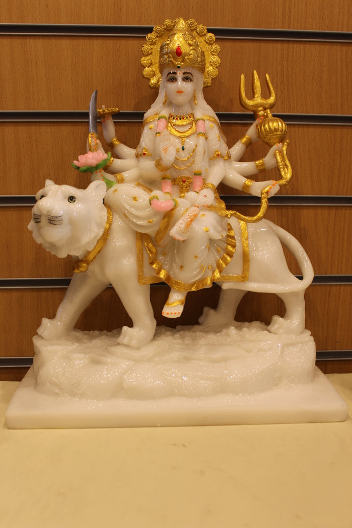 Resin/Fibre Ambe Maa Statue for Home Temple – White & Gold on Tiger, 17 inch – front view