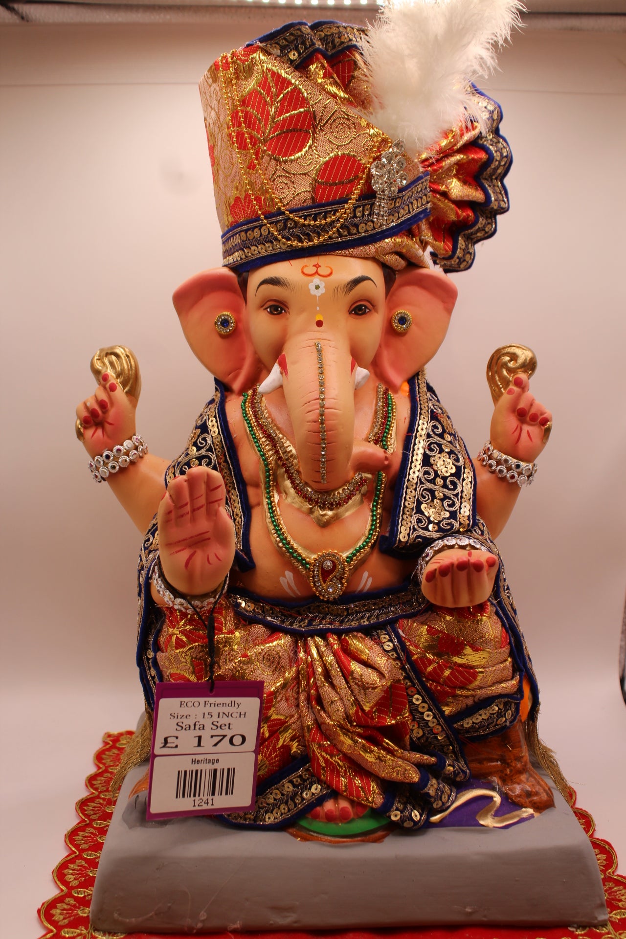 Eco-Friendly Ganesh Visarjan idol, Full Safa Set Royal Blue Velvet & Red Brocade, front view