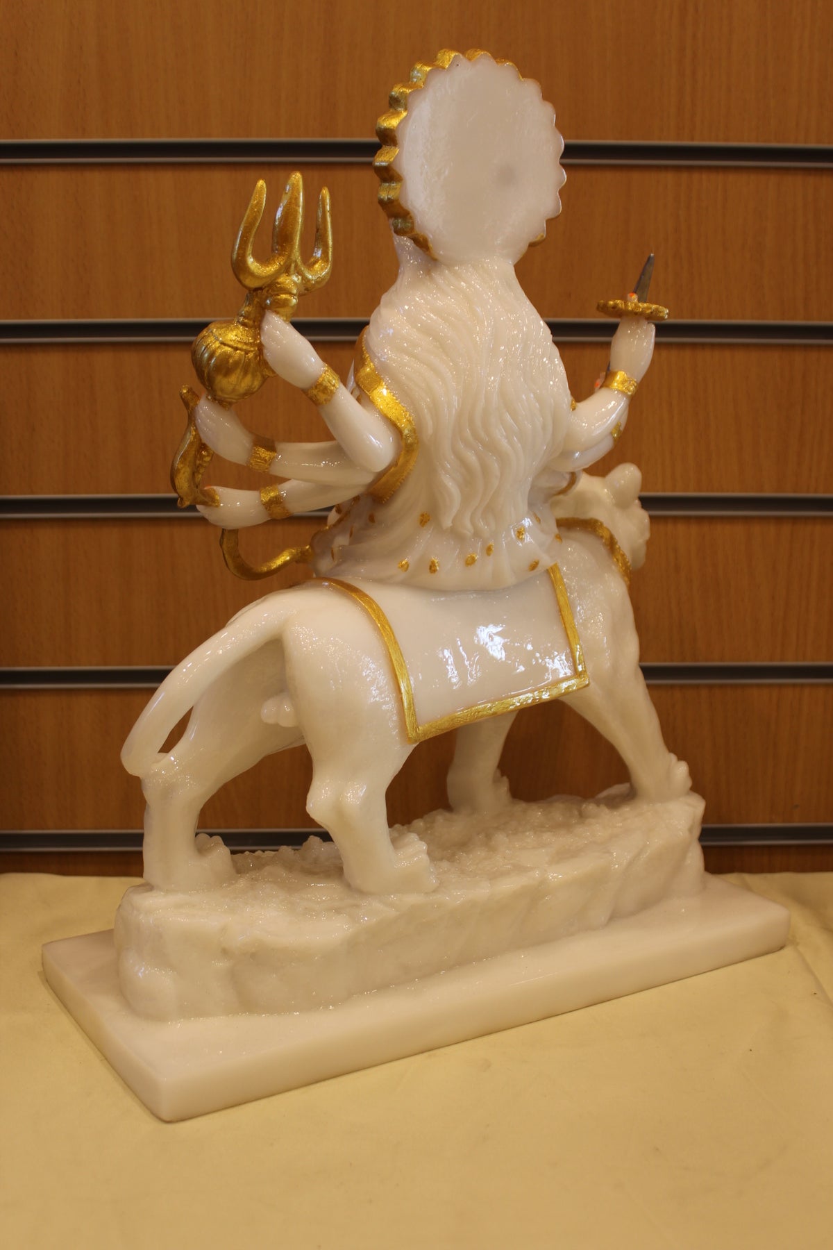 Resin/Fibre Ambe Maa Statue for Home Temple – White & Gold on Tiger, 17 inch – back view
