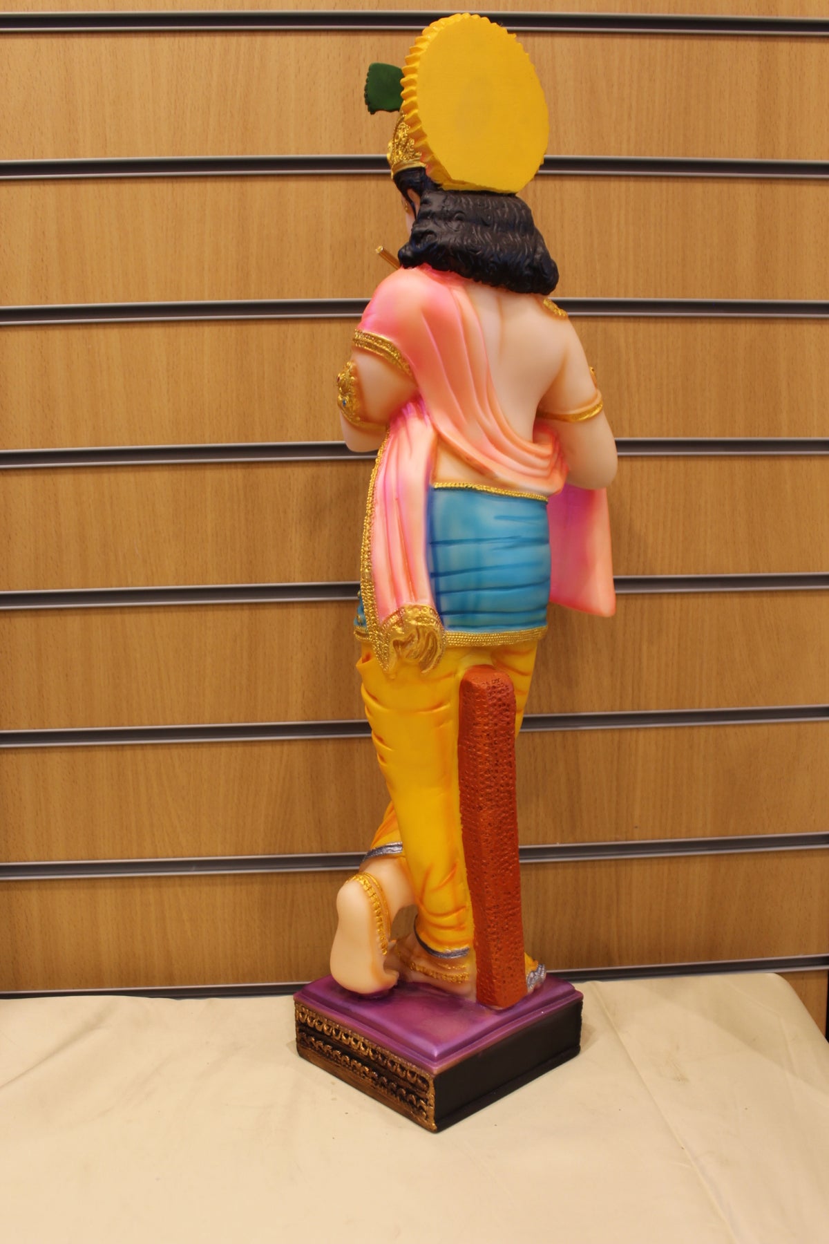 Resin/Fibre Krishna Statue for Home Temple – Playing Flute, 25 inch – Orange & Teal – back view