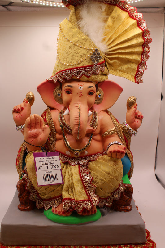 Eco-Friendly Ganesh Visarjan idol, Full Safa Set Cream Brocade & Red Velvet, front view
