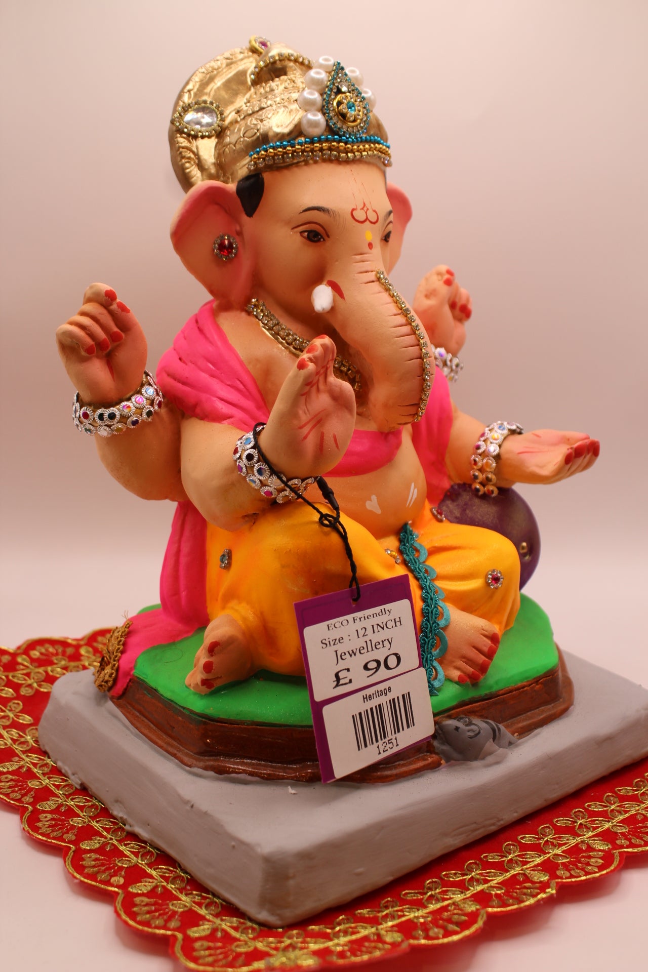 Eco-Friendly Ganesh Visarjan idol, Jewellery Style Pink Khes & Saffron Dhoti, front view 2