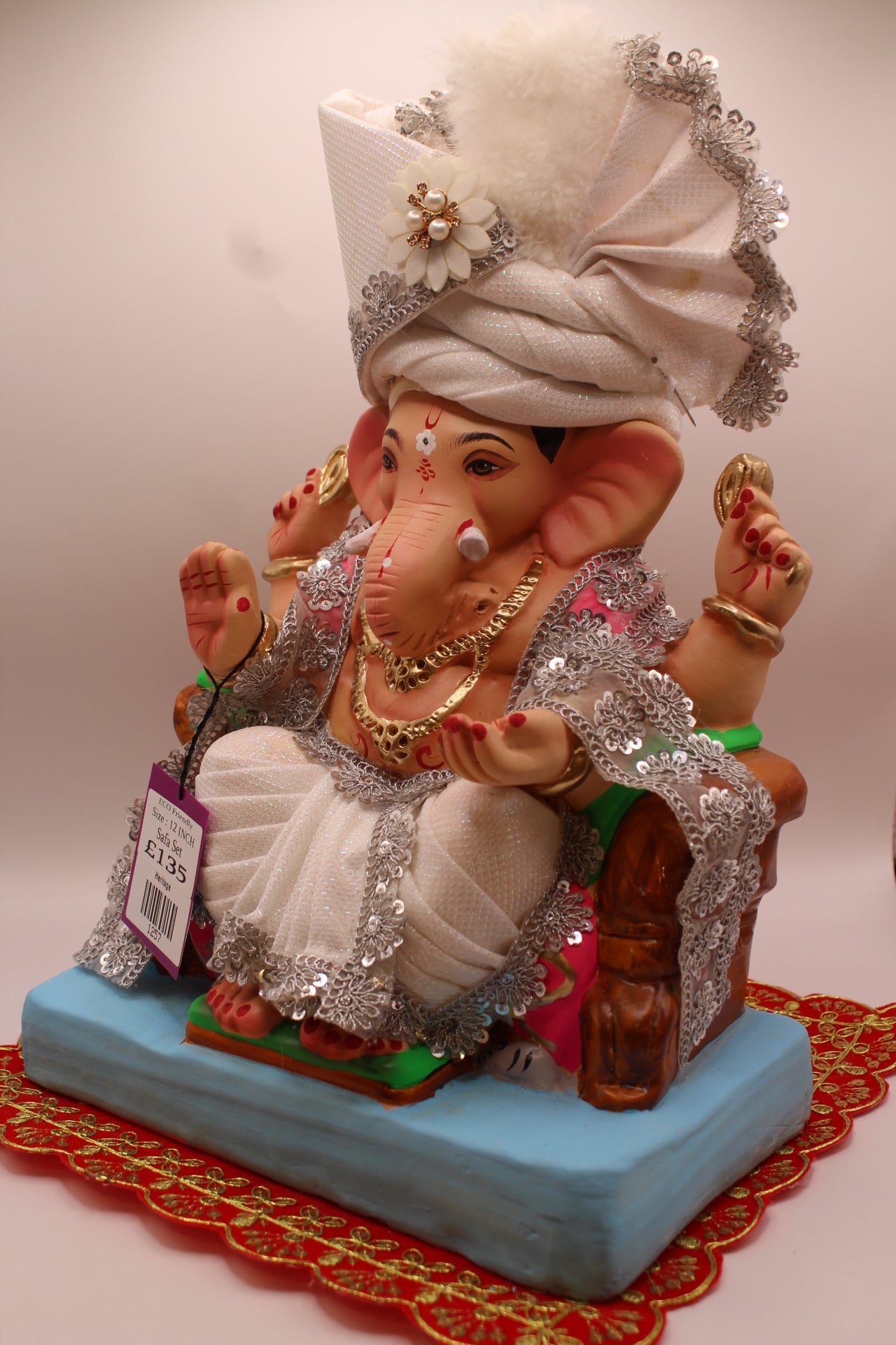Eco-Friendly Ganesh Visarjan idol, Full Safa Set Ivory & Silver, side view