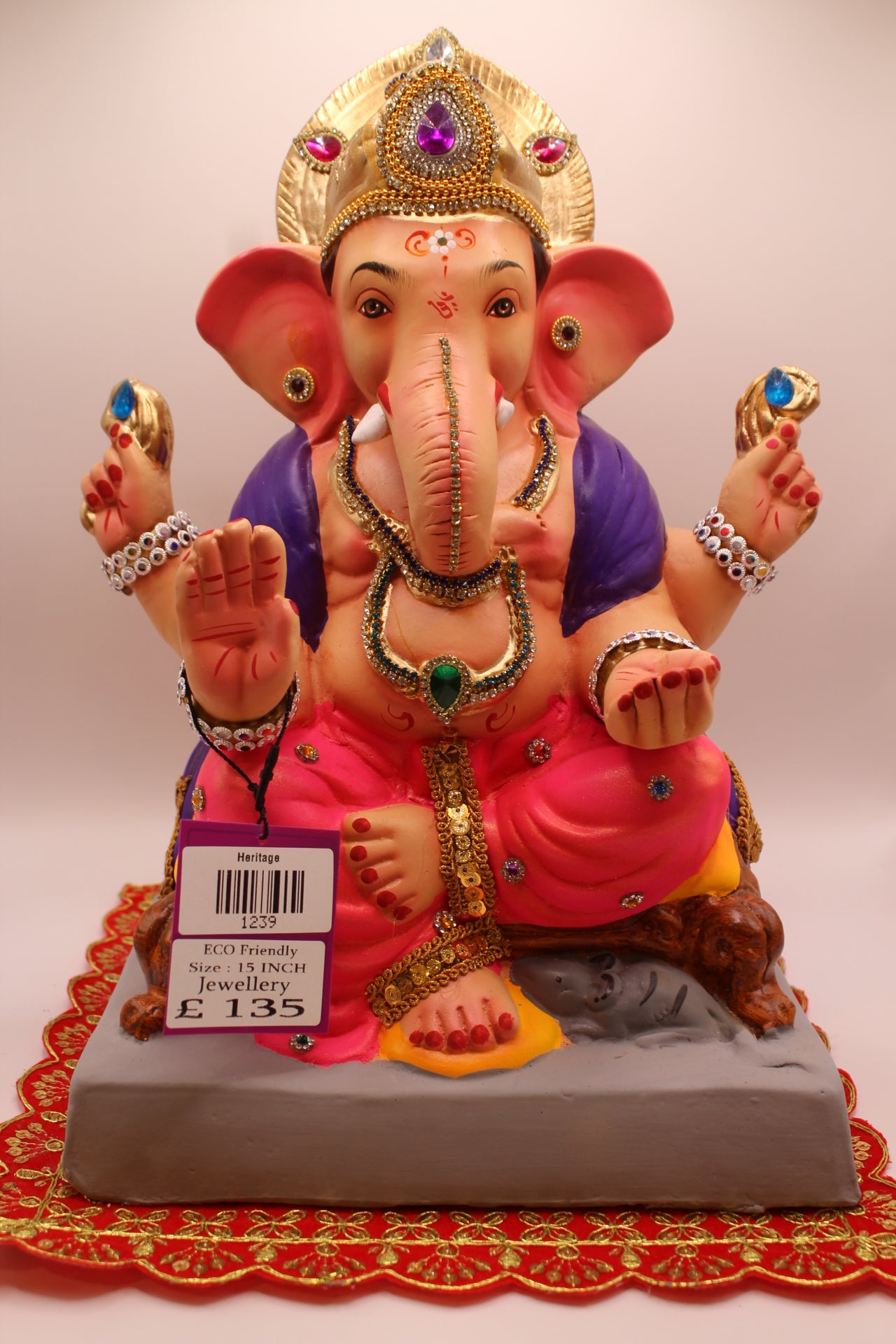 Eco-Friendly Ganesh Visarjan idol, Jewellery Style Purple Khes & Pink Dhoti, front view