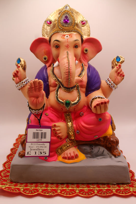 Eco-Friendly Ganesh Visarjan idol, Jewellery Style Purple Khes & Pink Dhoti, front view