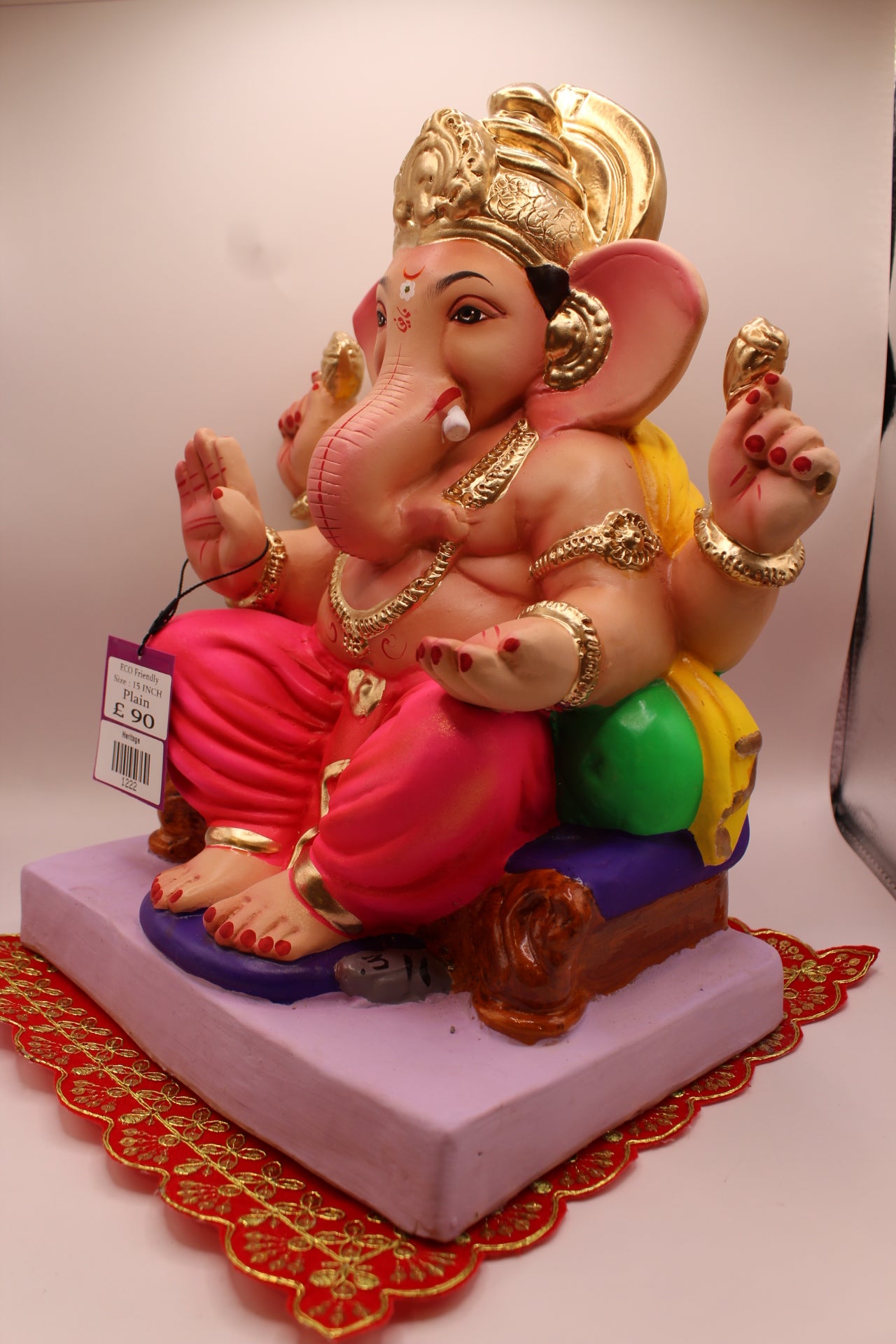 Eco-Friendly Ganesh Visarjan idol, Yellow Khes & Pink Dhoti, Purple Gadi & Twin Bolsters, close-up