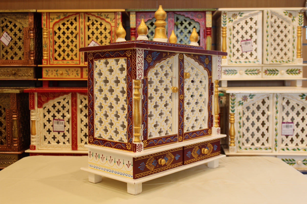Jaipuri Mandir with Doors in maroon & white, angled side view