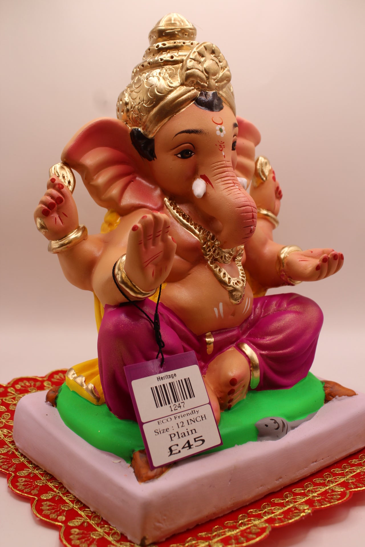 Eco-Friendly Ganesh Visarjan idol, Yellow Khes & Magenta Dhoti, Green Mat & Modaks, front view 2