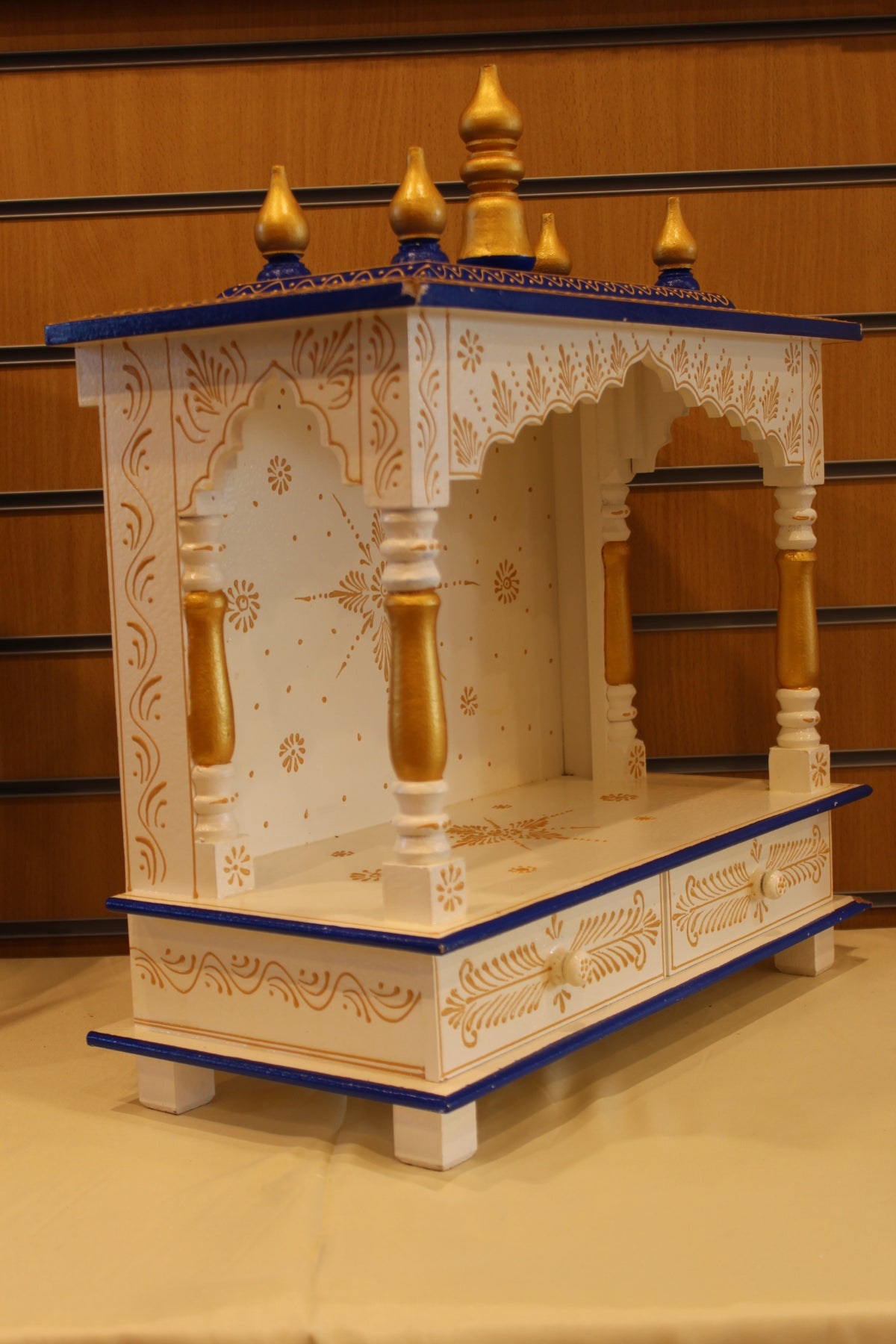 Open Front Jaipuri Mandir in white & navy, angled side view