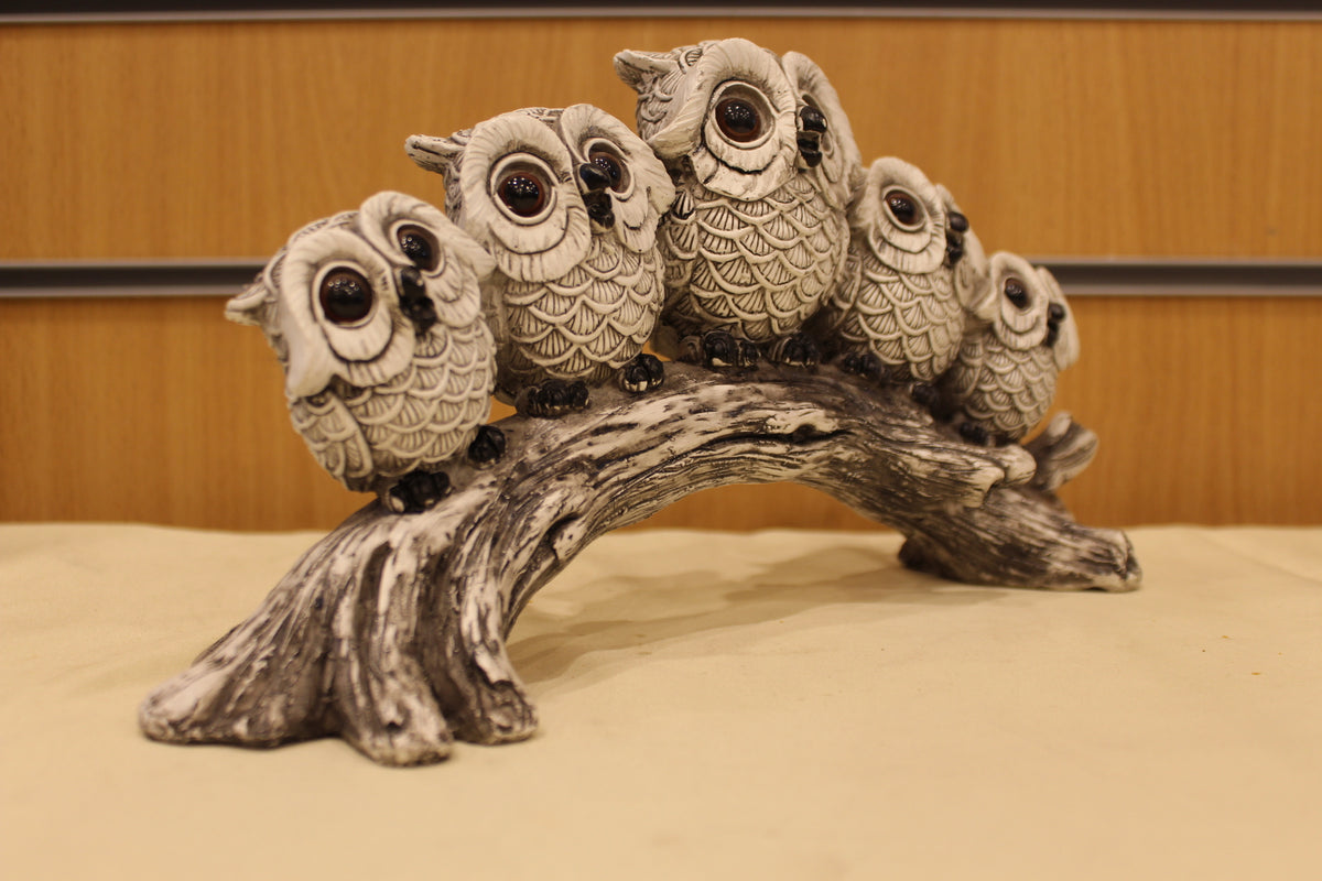 Owls on a Branch Sculpture – Five Owls, 12 inch – left side view