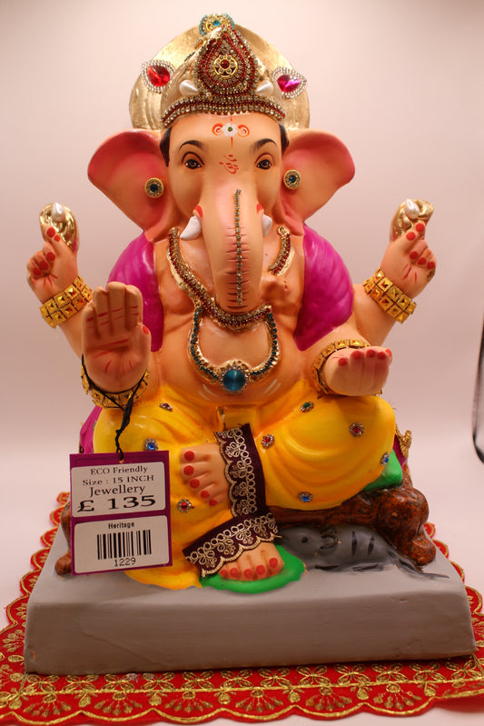 Eco-Friendly Ganesh Visarjan idol, Jewellery Style Magenta Khes & Yellow Dhoti, front view