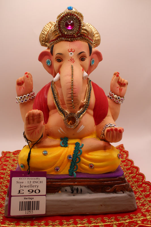 Eco-Friendly Ganesh Visarjan idol, Jewellery Style Red Khes & Yellow Dhoti, front view