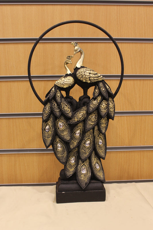 Jewelled Peacock Sculpture with Ring – Black & Gold, 16 inch – front view