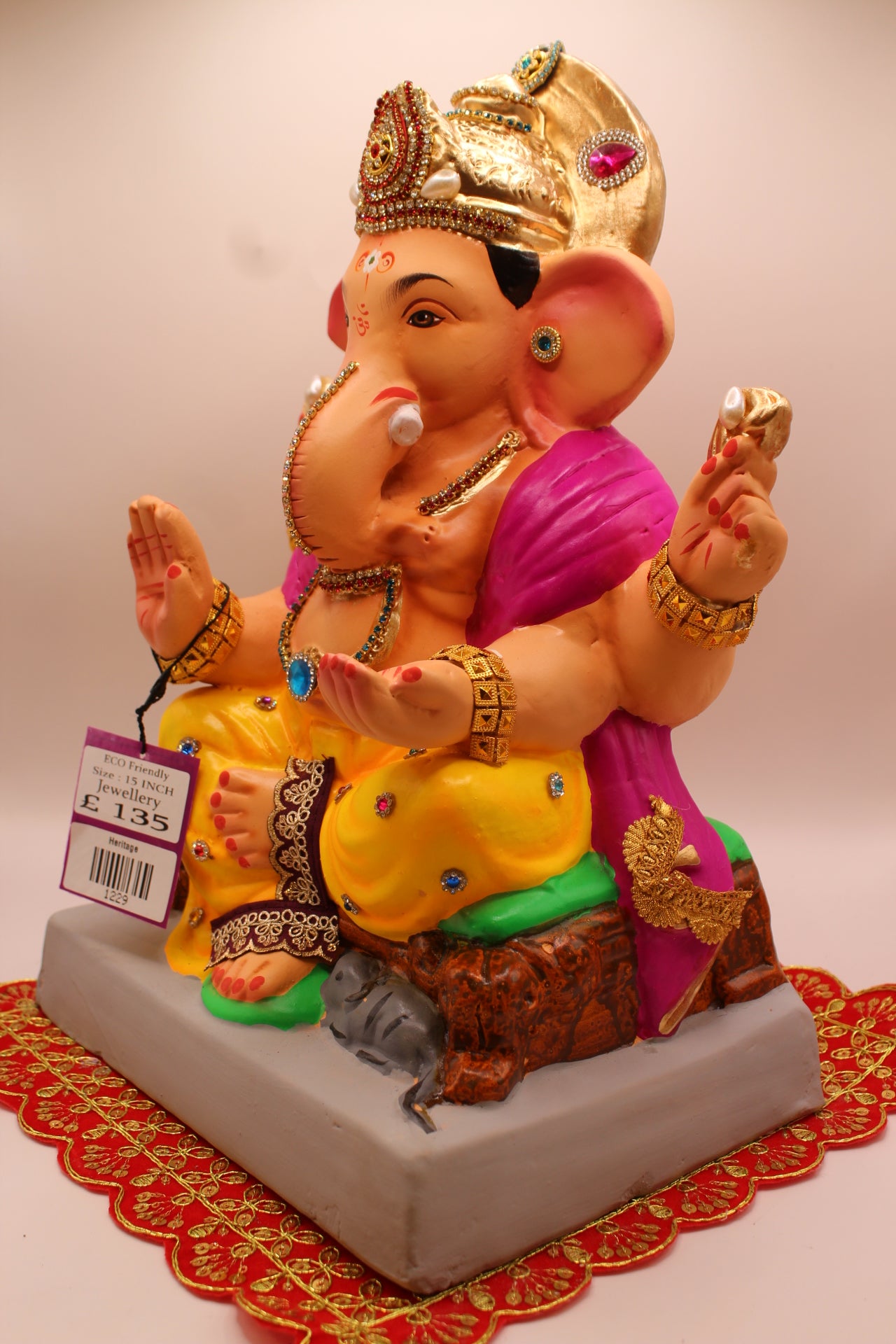 Eco-Friendly Ganesh Visarjan idol, Jewellery Style Magenta Khes & Yellow Dhoti, close-up