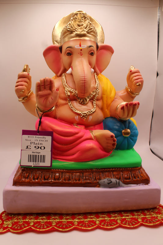 Eco-Friendly Ganesh Visarjan idol, Yellow Khes & Pink Dhoti, Turquoise Bolster, front view