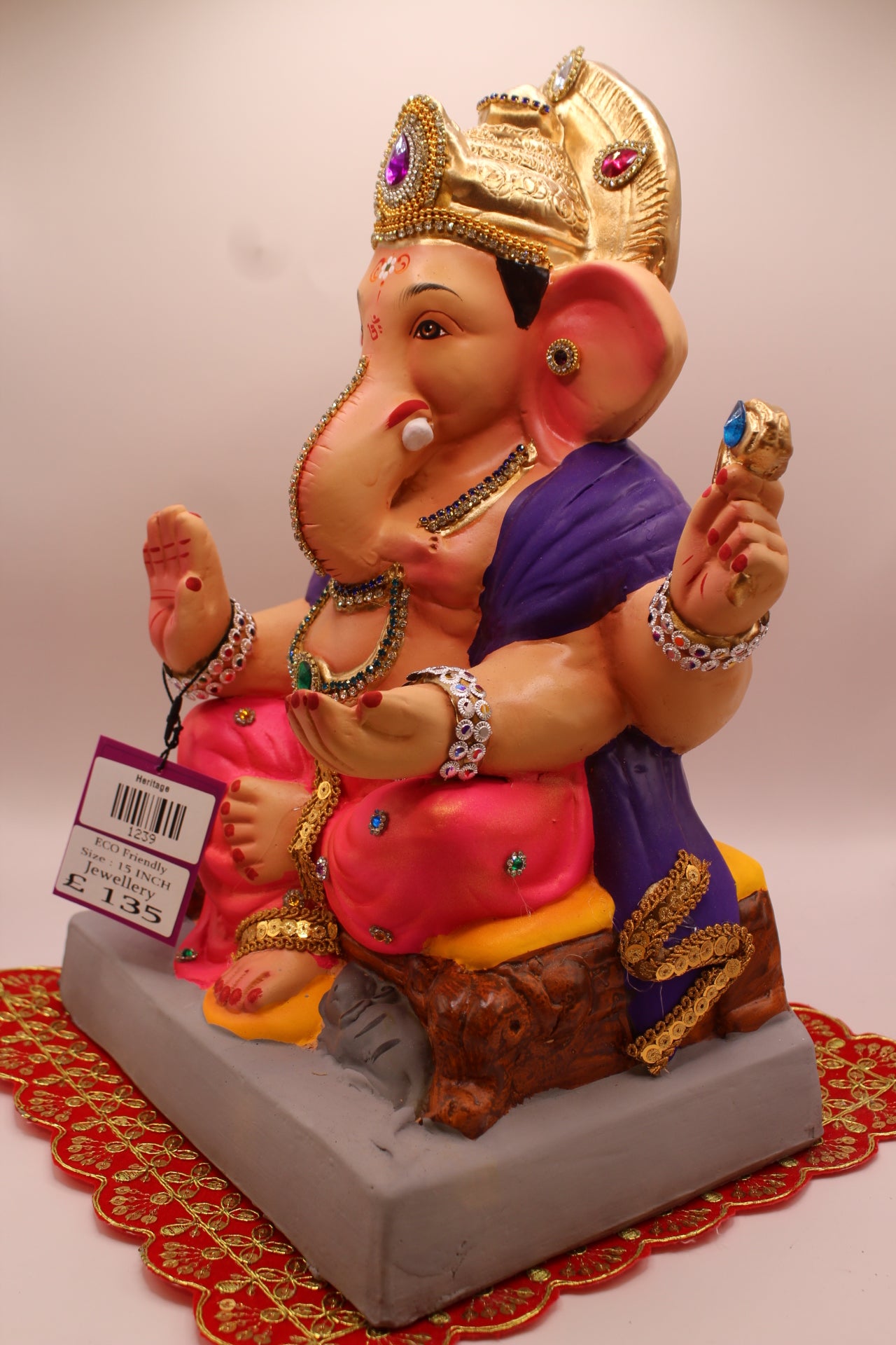 Eco-Friendly Ganesh Visarjan idol, Jewellery Style Purple Khes & Pink Dhoti, close-up
