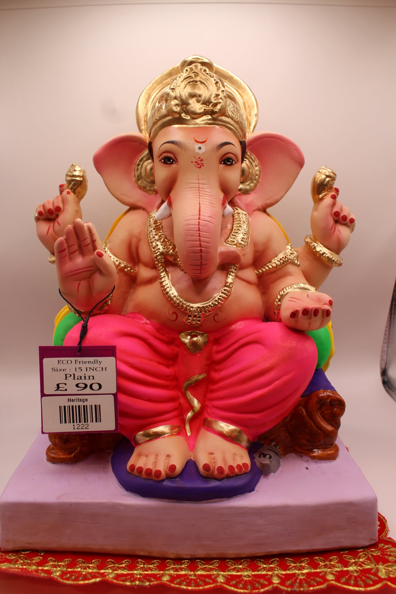 Eco-Friendly Ganesh Visarjan idol, Yellow Khes & Pink Dhoti, Purple Gadi & Twin Bolsters, front view