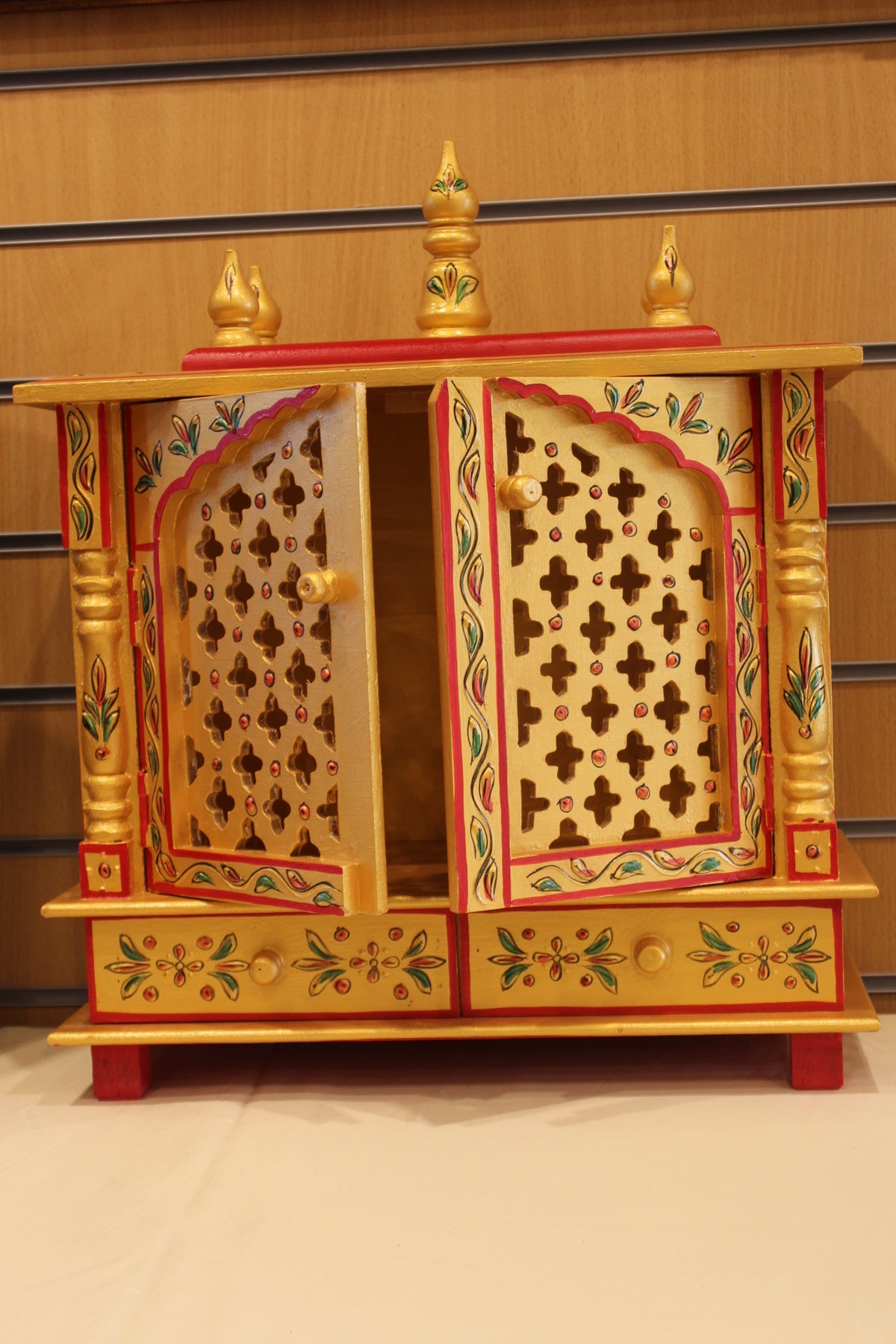 Jaipuri Mandir with Doors in golden yellow & red, door open