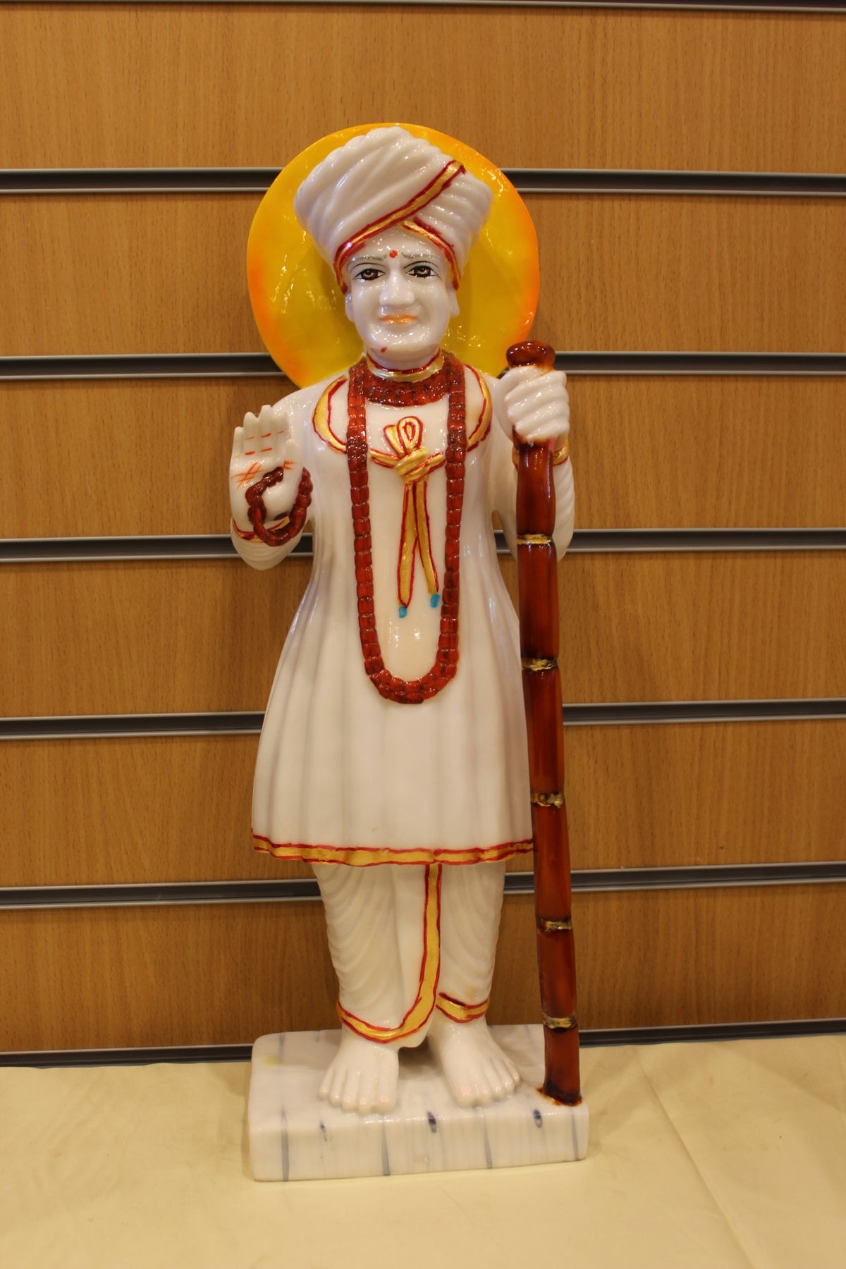 Resin/Fibre Jalaram Bapa Statue for Home Temple – White with Halo, 21 inch – White with Red Mala – front view